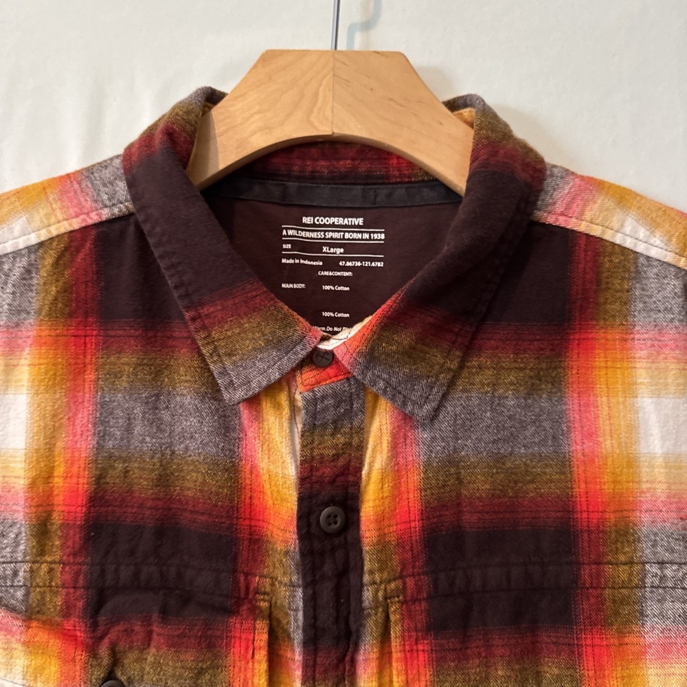 REI Co-op Shirt Mens XL Orange/Gray Plaid Flannel 100% Cotton Long Sleeve Casual